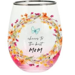 Meadows Of Joy Butterfly Floral 20 Oz. Stemless Wine Glass Cheers To The Best Mom