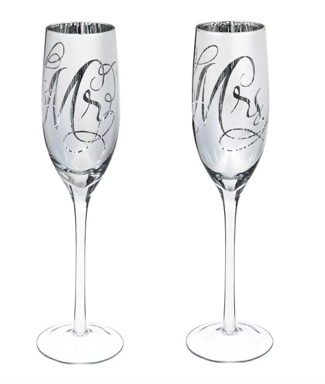 Mr & Mrs Champagne Flutes In Silver Metallic Set Of 2