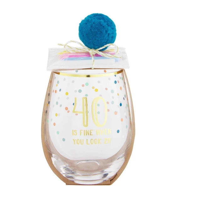 40 Is Fine When You Look 29 40th Birthday Stemless Wine Glass & Candle Set