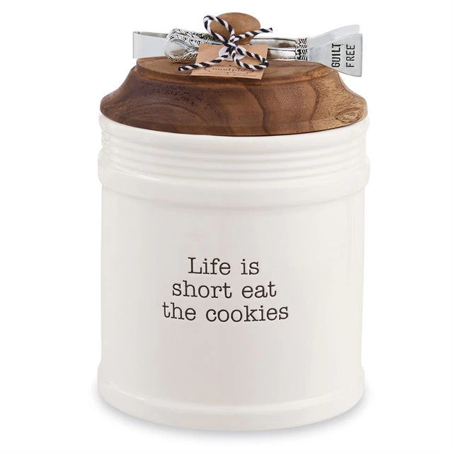 Life Is Short Eat The Cookies Jar Set With Stamped Silverplate "Guilt Free" Tong