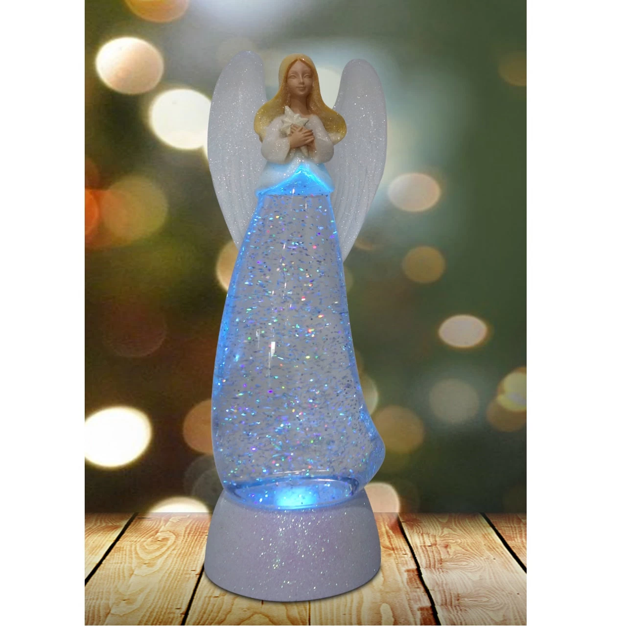 10.5" Color Changing LED Light Up Glitter Swirling Angel Holding Star - Image 3