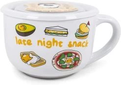 Silver Buffalo Sanrio Gudetama Burp Late Night Snack Lazy Egg Ceramic Soup Mug With Vented Plastic Lid, 24 Ounces
