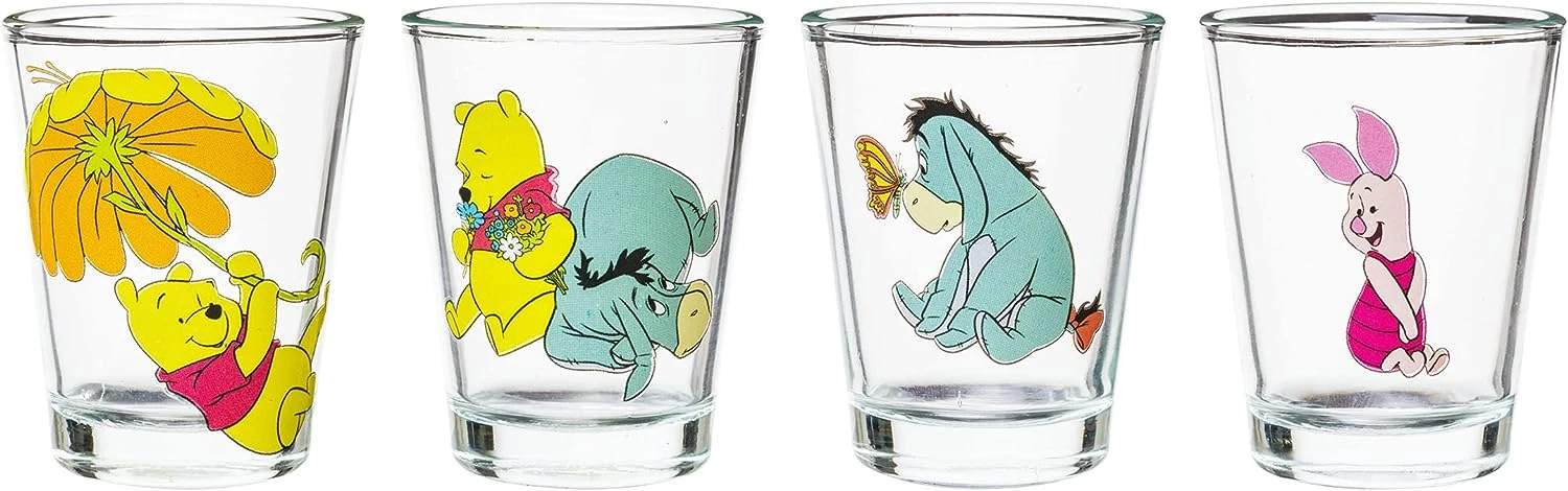 Silver Buffalo Disney Winnie The Pooh Retro Art 4 Pack Mini Glass Set, 1.5 Ounces