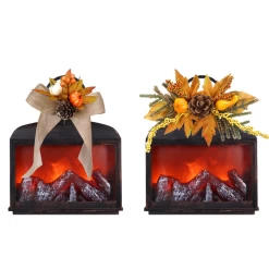 9" Flameless Fireplace Lantern With Fall Harvest Floral