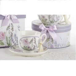Porcelain Tea Cup & Saucer Lavender Rose In Gift Box