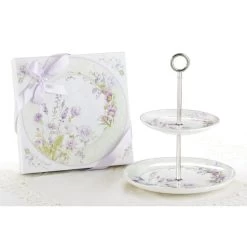 11" Porcelain 2-Tier Dessert Stand Lavender Rose In Gift Box