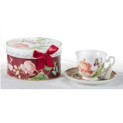 Porcelain Tea Cup & Saucer Burgundy Peony In Gift Box