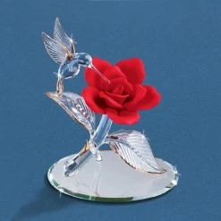 22Kt Gold Trimmed Hummingbird With Red Rose Glass Figurine