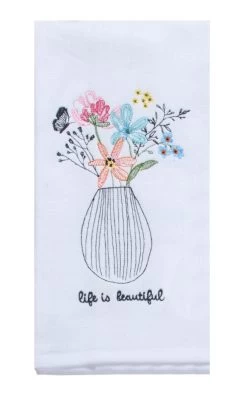 Life Is Beautiful Flower Vase Embroidered Dual Purpose Terry Towel