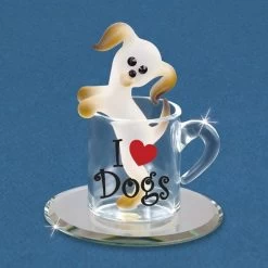 I Love Dogs Frosted Puppy In A Cup With Black Crystals Glass Figurine
