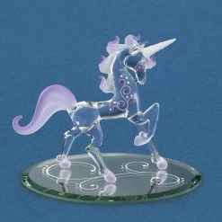 Galloping Fairy Tale Unicorn With Purple Mane, Frosted Horn And Pink Crystals Glass Figurine
