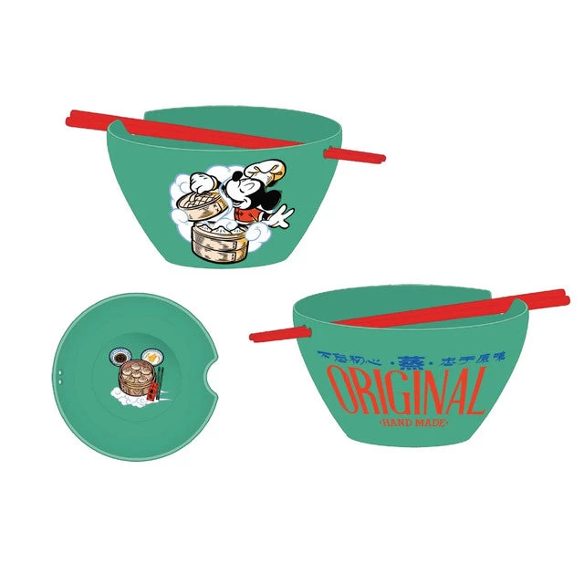 Disney Mickey Asian Chef Green Ceramic Ramen Bowl With Chopsticks